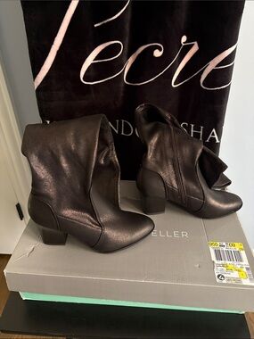 Andrew Geller Metallic Charcoal Ankle Boots with Mid Block Heel